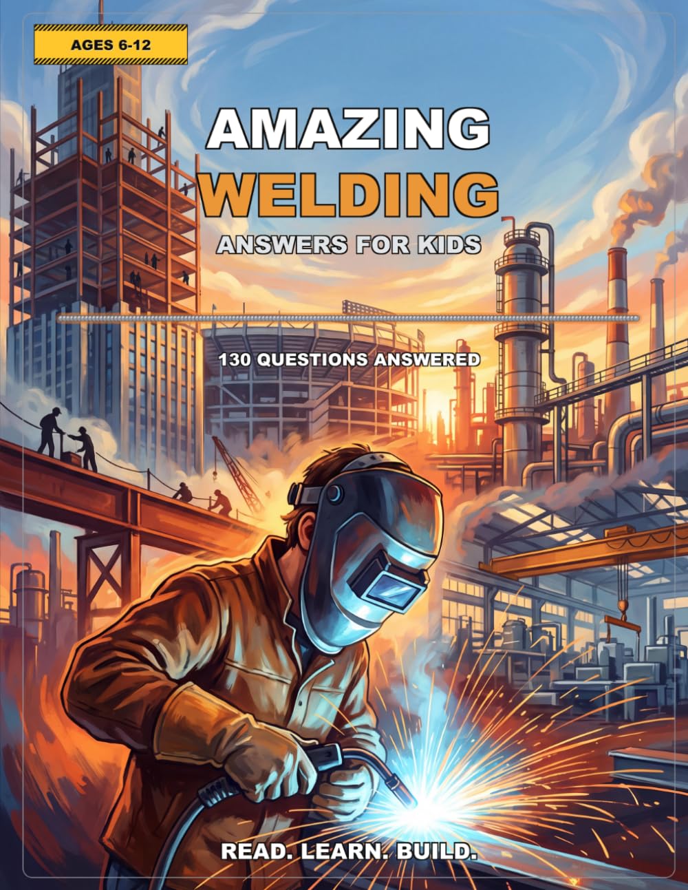 Amazing Welding Answers for Kids book cover showing a welder in a helmet with sparks flying in front of a steel skyscraper