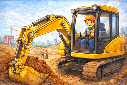 Amazing Trades children's book illustration of a boy operating an excavator on a construction site