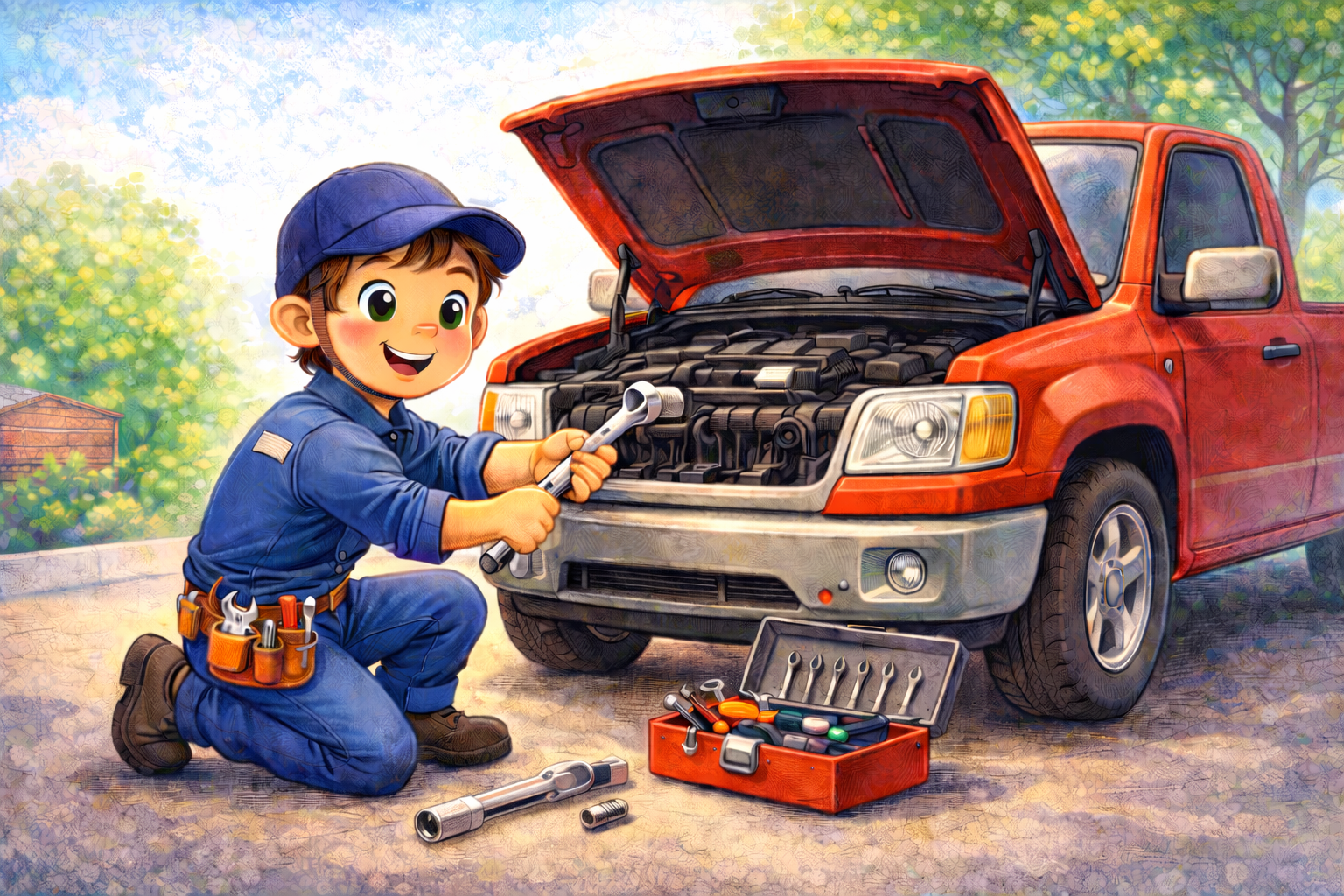 Amazing Trades children's book illustration of a boy mechanic fixing a red truck with a toolbox