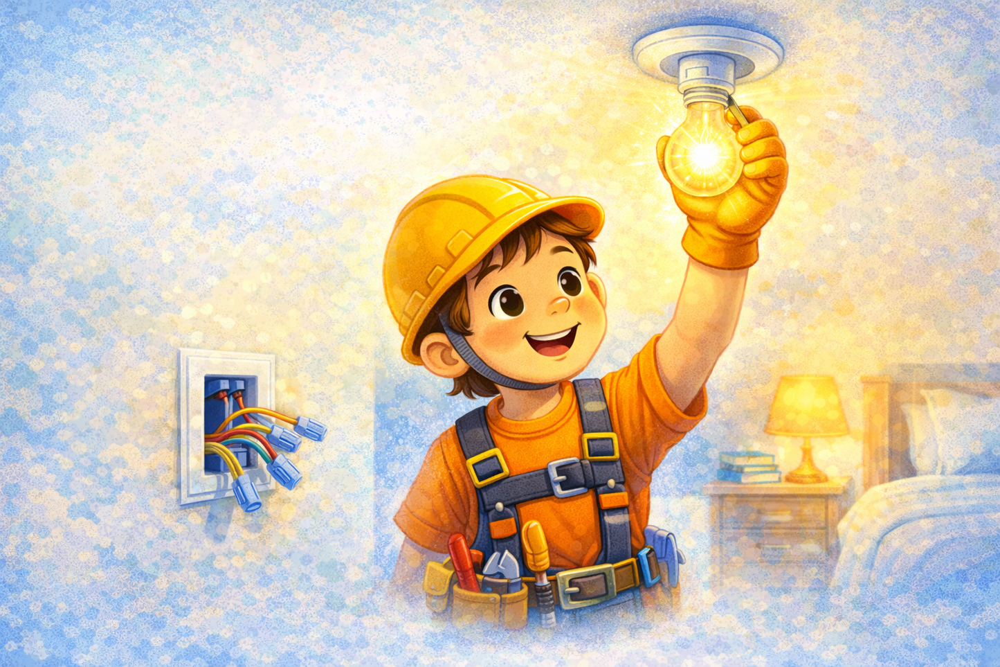 Amazing Trades children's book illustration of a boy electrician installing a light fixture