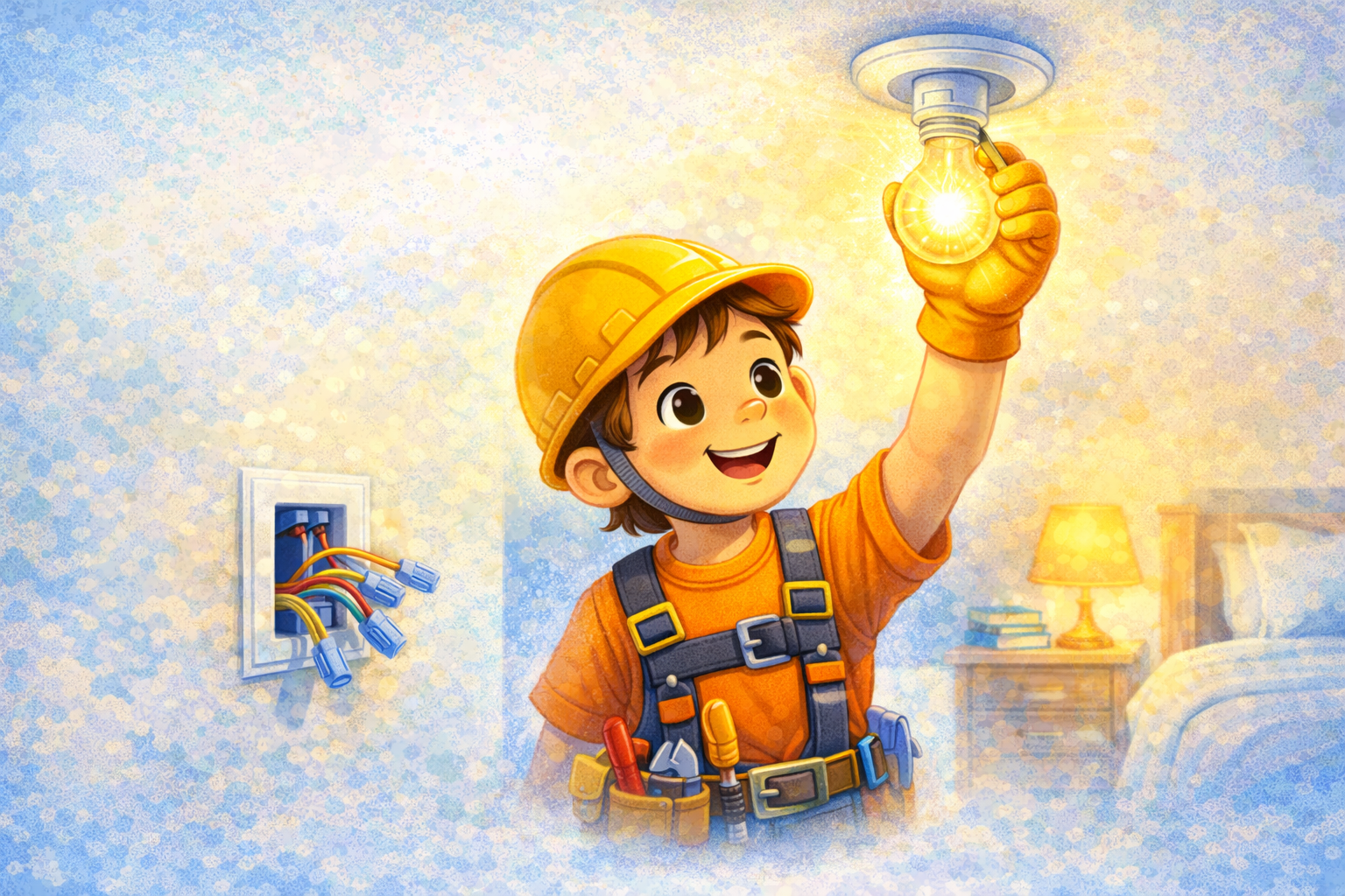 Amazing Trades children's book illustration of a boy electrician installing a light fixture