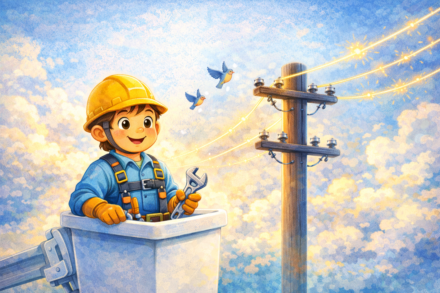 Amazing Trades children's book illustration of a boy lineman working from a bucket truck repairing power lines