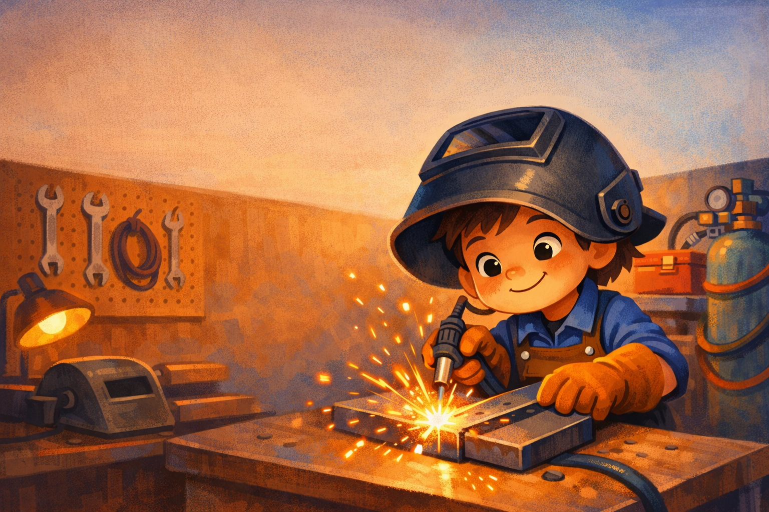 Amazing Trades children's book illustration of a boy welder working in a workshop