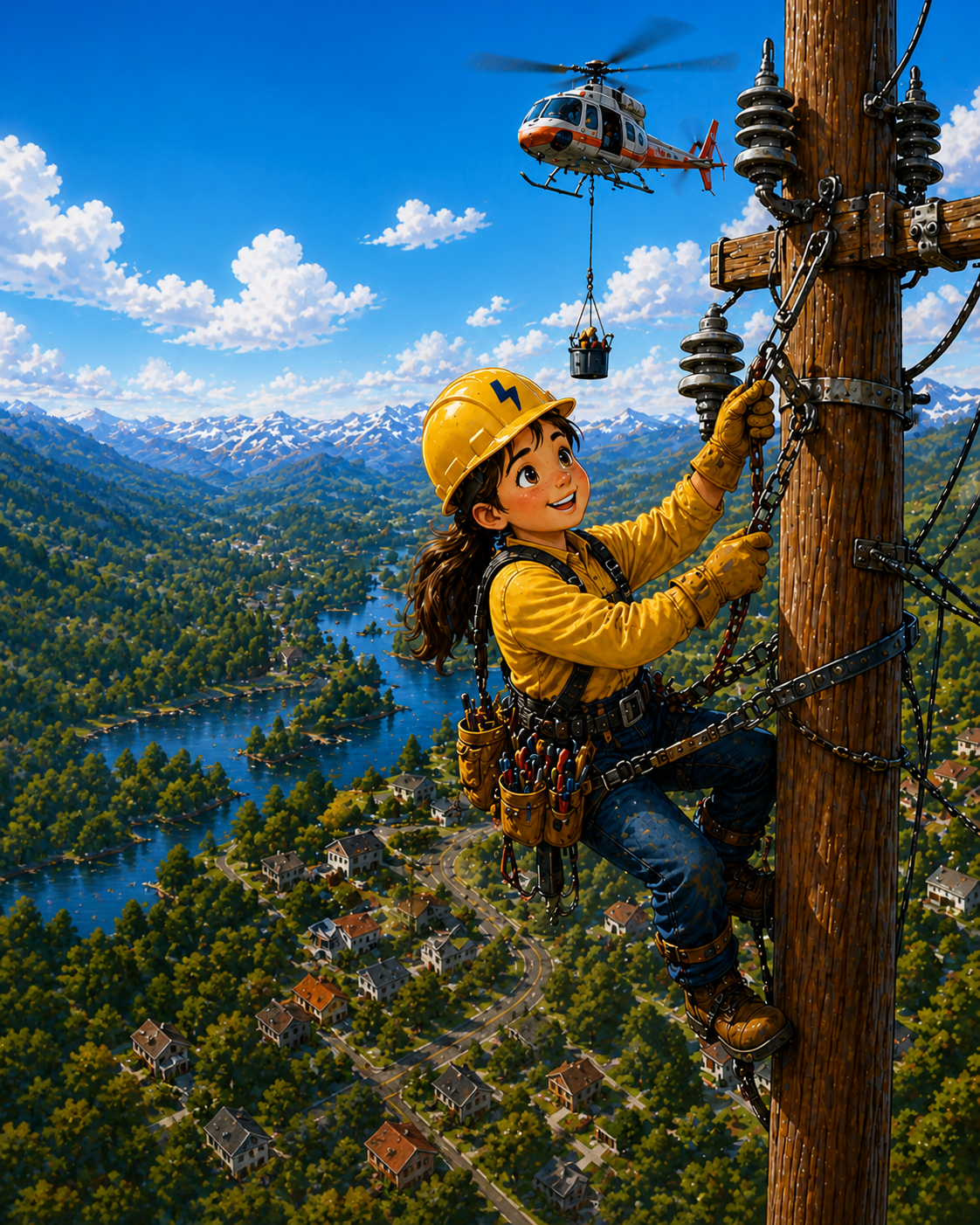 Amazing Trades children's book illustration of a girl lineman climbing a power pole