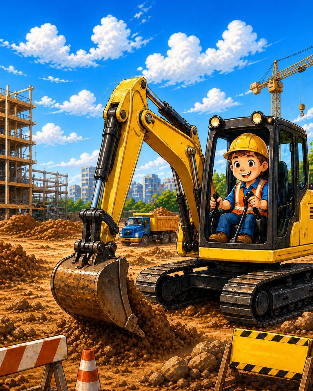 Amazing Trades children's book illustration of a boy in a hard hat operating a construction excavator