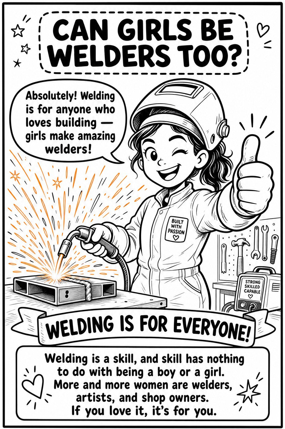 Inside page: Can girls be welders too? A smiling girl welder giving a thumbs up