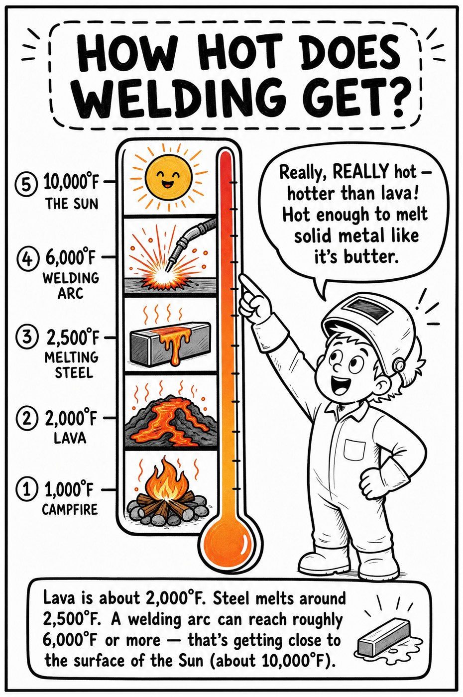 Inside page: How hot does welding get? A thermometer comparing a campfire, lava, melting steel, a welding arc, and the sun