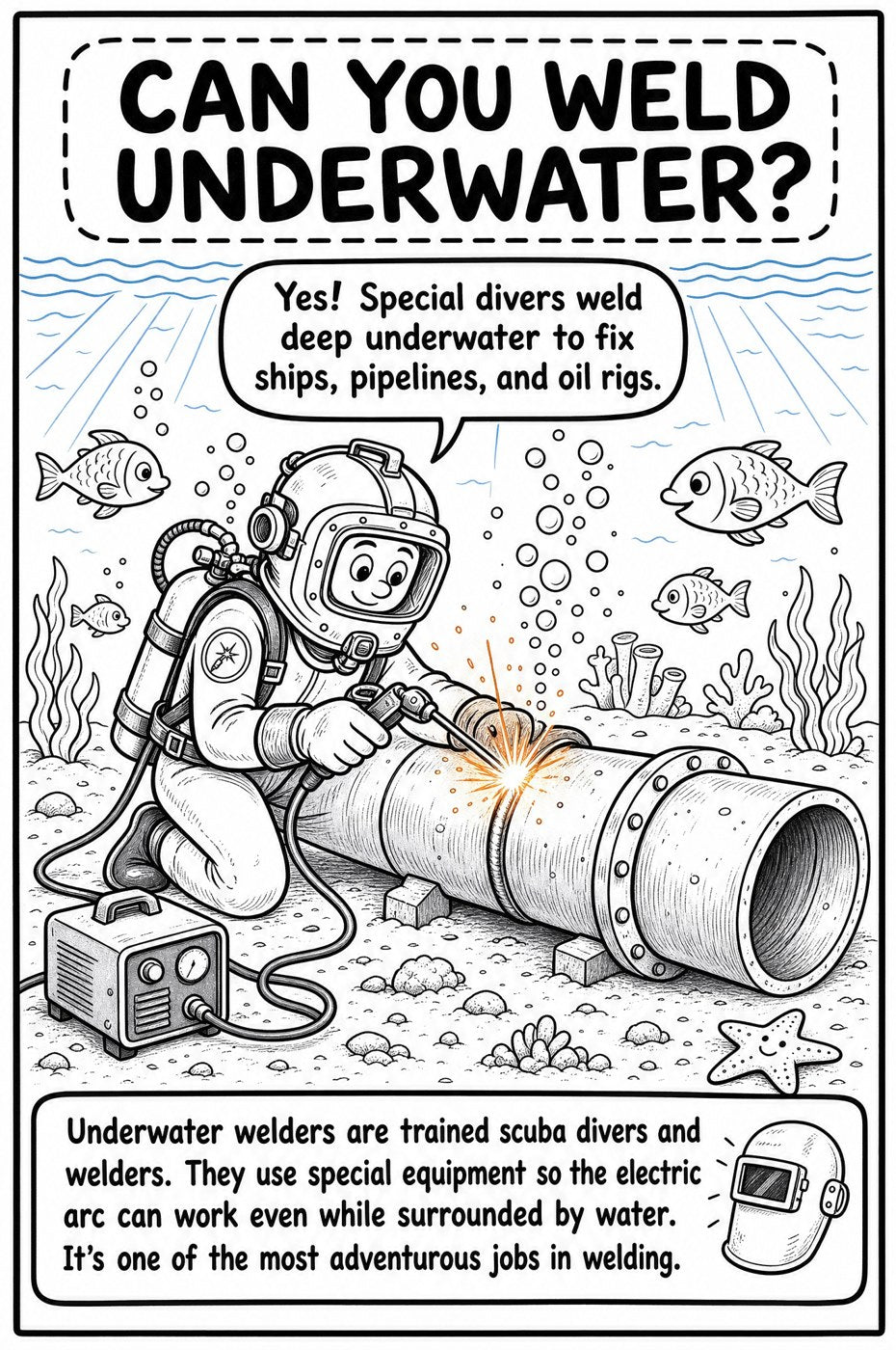 Inside page: Can you weld underwater? A diver welding a pipeline on the sea floor